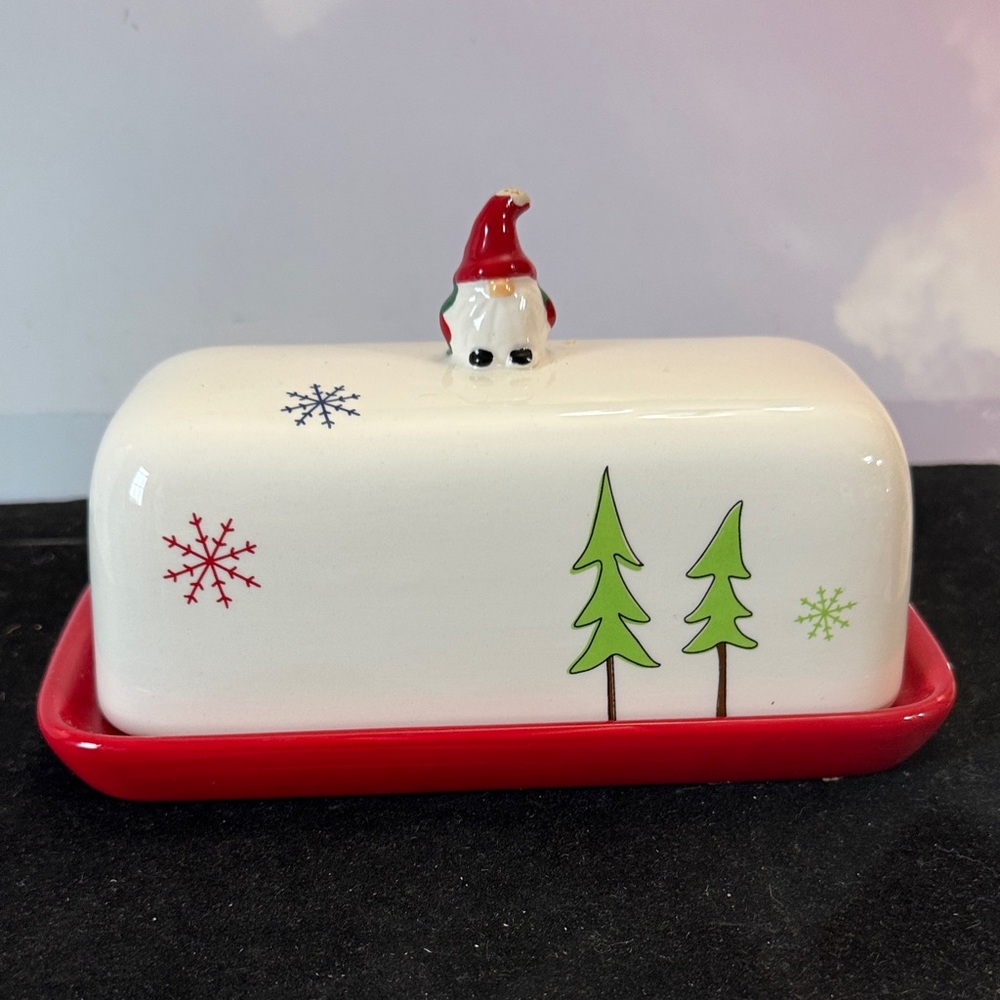 Festive ceramic butter dish featuring a holiday gnome design on top